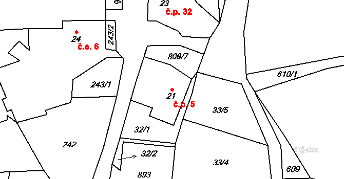 Horní Chobolice 5, Liběšice na parcele st. 21 v KÚ Horní Chobolice, Katastrální mapa