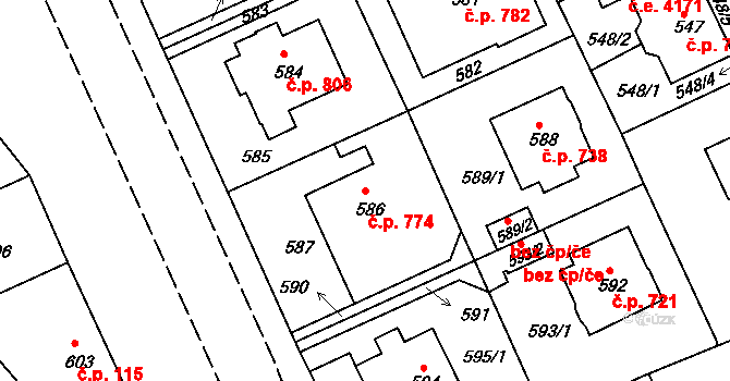 Klíše 774, Ústí nad Labem na parcele st. 586 v KÚ Klíše, Katastrální mapa