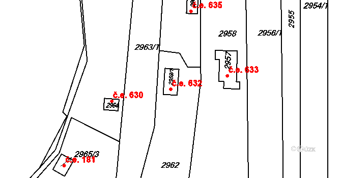 Komín 632, Brno na parcele st. 2959/1 v KÚ Komín, Katastrální mapa