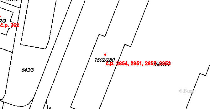 Tábor 2851,2852,2853,2854 na parcele st. 1502/280 v KÚ Tábor, Katastrální mapa