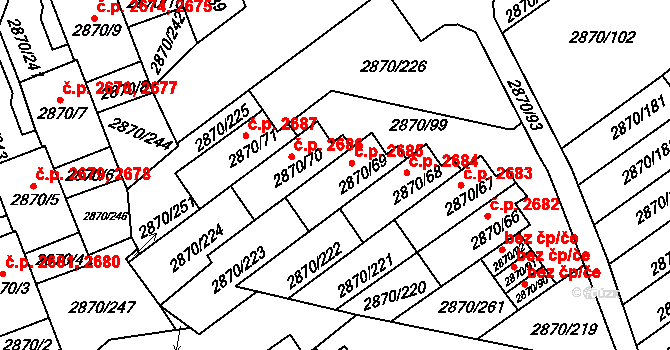 Teplice 2685 na parcele st. 2870/69 v KÚ Teplice, Katastrální mapa