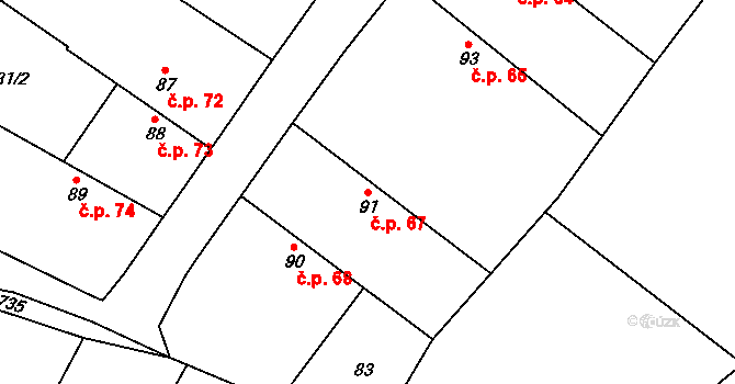 Čečelice 67 na parcele st. 91 v KÚ Čečelice, Katastrální mapa