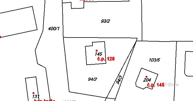 Borek 128, Rokycany na parcele st. 145 v KÚ Borek u Rokycan, Katastrální mapa