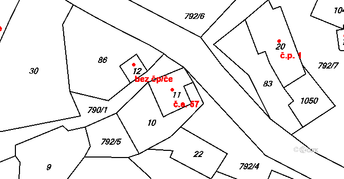 Hrádek 57, Krajková na parcele st. 11 v KÚ Hrádek u Krajkové, Katastrální mapa