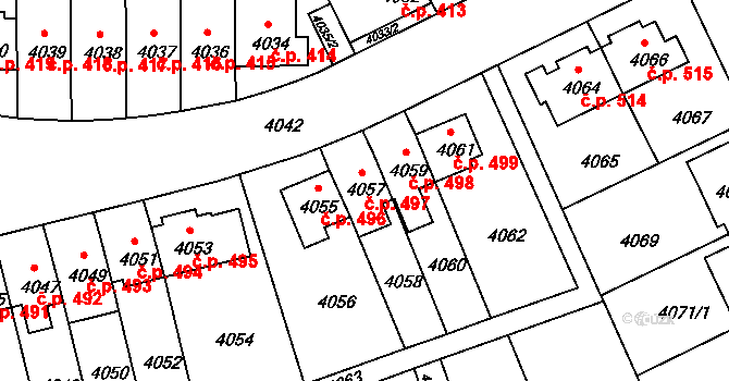 Záběhlice 497, Praha na parcele st. 4057 v KÚ Záběhlice, Katastrální mapa