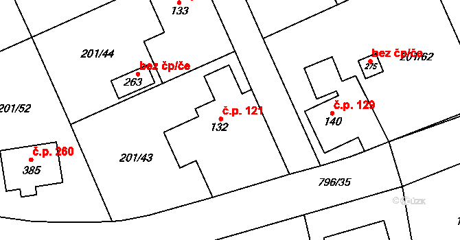 Podluhy 121 na parcele st. 132 v KÚ Podluhy, Katastrální mapa