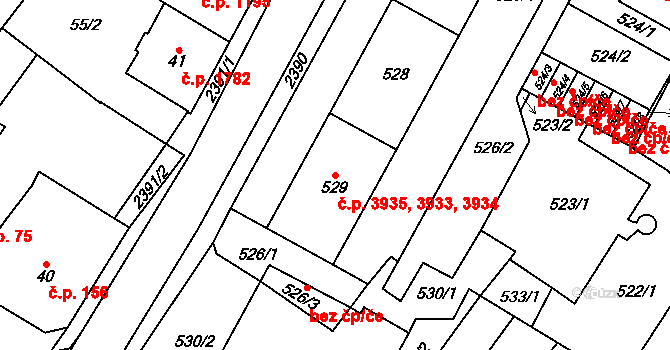 Chomutov 3933,3934,3935 na parcele st. 529 v KÚ Chomutov I, Katastrální mapa
