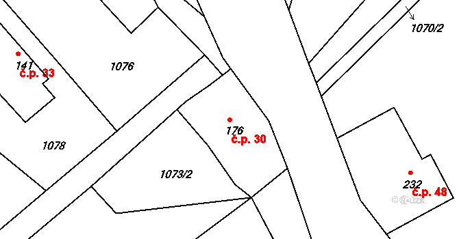 Hoření Paseky 30, Světlá pod Ještědem na parcele st. 176 v KÚ Světlá pod Ještědem, Katastrální mapa