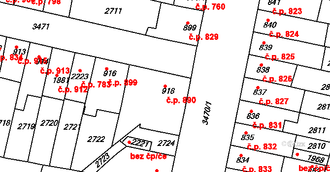 Rosice 890 na parcele st. 918 v KÚ Rosice u Brna, Katastrální mapa