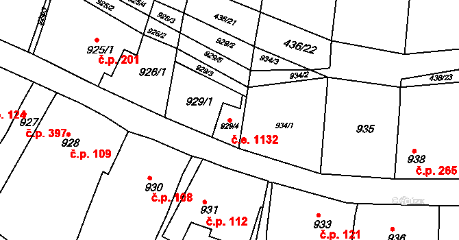 Kuřim 1132 na parcele st. 929/4 v KÚ Kuřim, Katastrální mapa