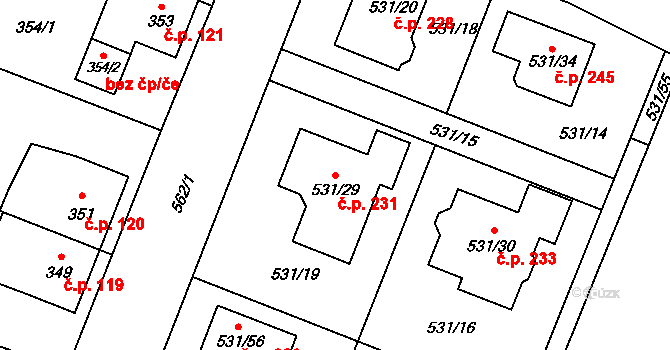 Bystrovany 231 na parcele st. 531/29 v KÚ Bystrovany, Katastrální mapa