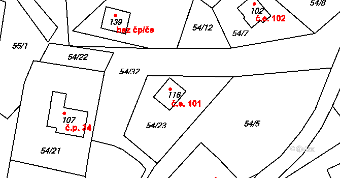 Nivy 101, Děpoltovice na parcele st. 116 v KÚ Nivy, Katastrální mapa
