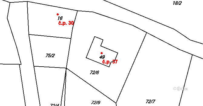 Hubojedy 37, Mladějov na parcele st. 49 v KÚ Hubojedy, Katastrální mapa