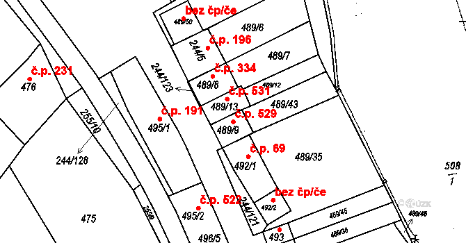 Dobšice 529 na parcele st. 489/9 v KÚ Dobšice u Znojma, Katastrální mapa