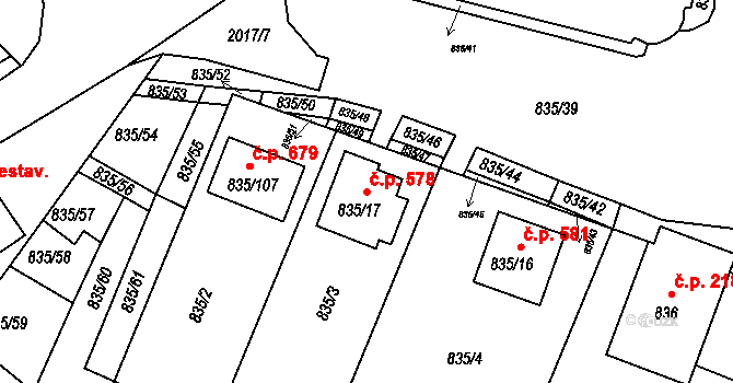 Drnholec 578 na parcele st. 835/17 v KÚ Drnholec, Katastrální mapa