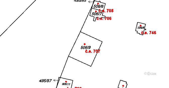 Bítov 707 na parcele st. 506/9 v KÚ Bítov, Katastrální mapa
