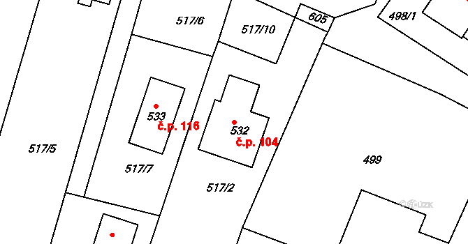 Horoušánky 104, Horoušany na parcele st. 532 v KÚ Horoušany, Katastrální mapa