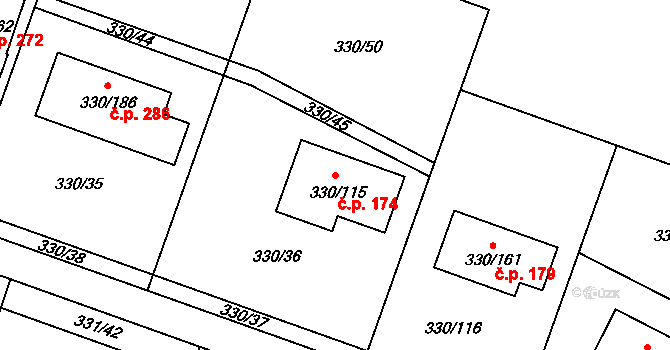 Hlušovice 174 na parcele st. 330/115 v KÚ Hlušovice, Katastrální mapa