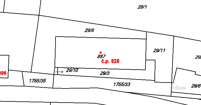 Libochovice 828 na parcele st. 887 v KÚ Libochovice, Katastrální mapa
