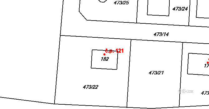 Chvalovice 121, Kovanice na parcele st. 182 v KÚ Chvalovice u Nymburka, Katastrální mapa