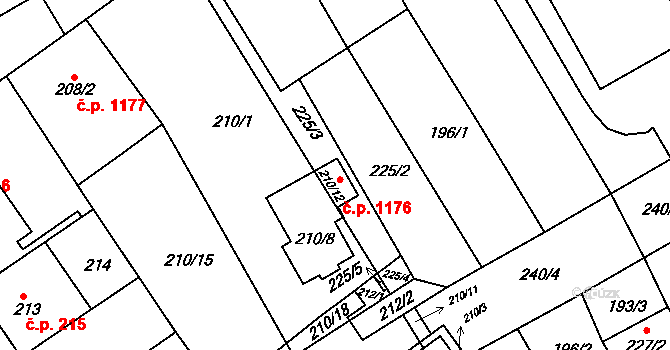 Rousínov 1176 na parcele st. 210/12 v KÚ Rousínov u Vyškova, Katastrální mapa