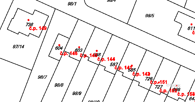 Horoušany 144 na parcele st. 588 v KÚ Horoušany, Katastrální mapa