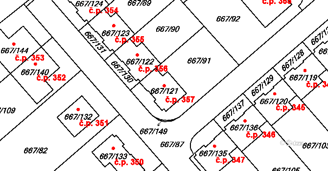 Vážany 357, Kroměříž na parcele st. 667/121 v KÚ Vážany u Kroměříže, Katastrální mapa