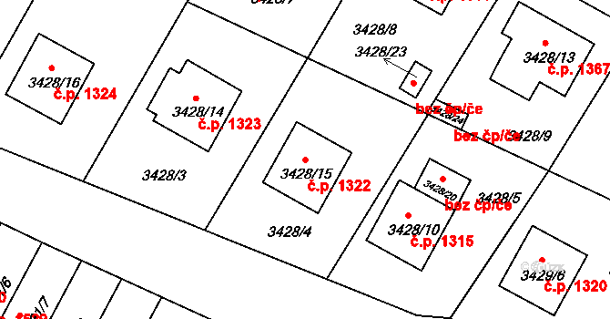 Bruntál 1322 na parcele st. 3428/15 v KÚ Bruntál-město, Katastrální mapa