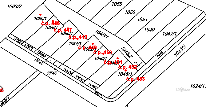 Měřín 451 na parcele st. 1050/1 v KÚ Měřín, Katastrální mapa