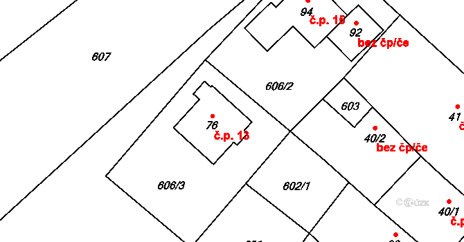 Laštovičky 13, Rousměrov na parcele st. 76 v KÚ Rousměrov, Katastrální mapa