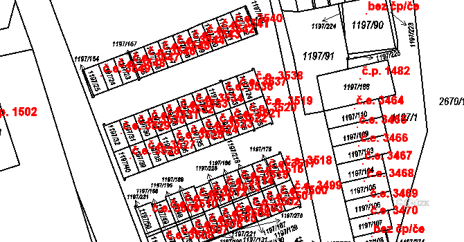 Prostřední Suchá 3521, Havířov na parcele st. 1197/33 v KÚ Prostřední Suchá, Katastrální mapa