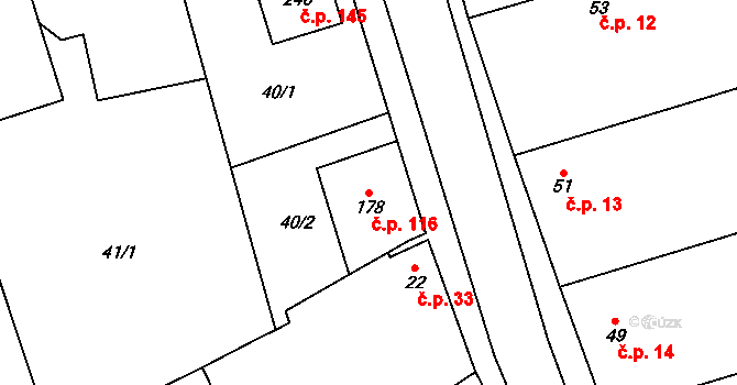 Kozlany 116 na parcele st. 178 v KÚ Kozlany u Vyškova, Katastrální mapa