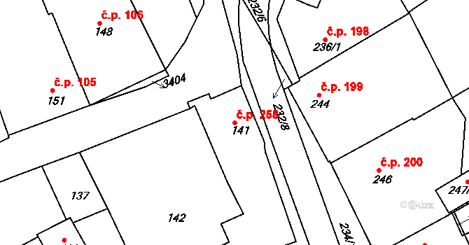 Buchlovice 258 na parcele st. 141 v KÚ Buchlovice, Katastrální mapa