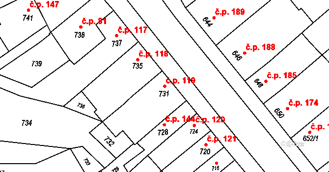 Pustiměřské Prusy 119, Pustiměř na parcele st. 731 v KÚ Pustiměř, Katastrální mapa