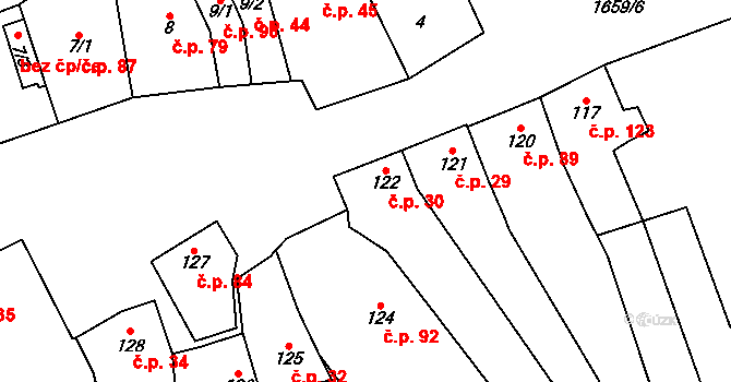 Chvalkovice 30 na parcele st. 122 v KÚ Chvalkovice, Katastrální mapa