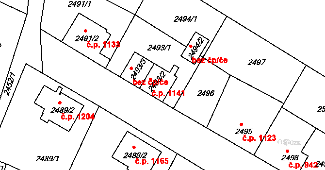 Třešť 1141 na parcele st. 2493/2 v KÚ Třešť, Katastrální mapa