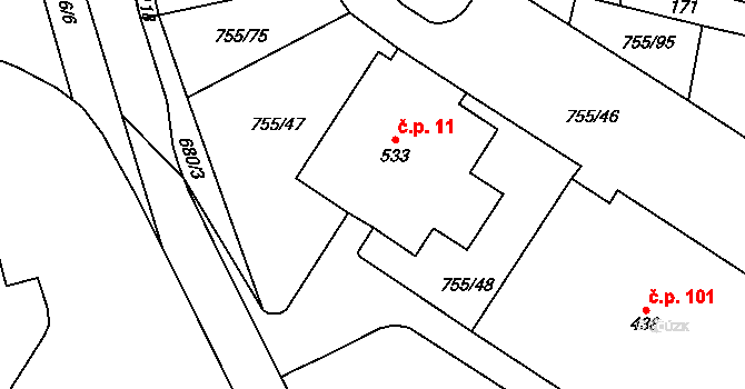 Meziměstí 11 na parcele st. 533 v KÚ Meziměstí, Katastrální mapa
