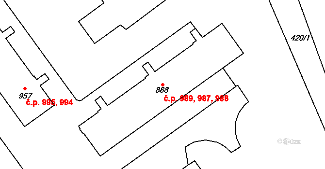 Studánka 987,988,989, Pardubice na parcele st. 888 v KÚ Studánka, Katastrální mapa