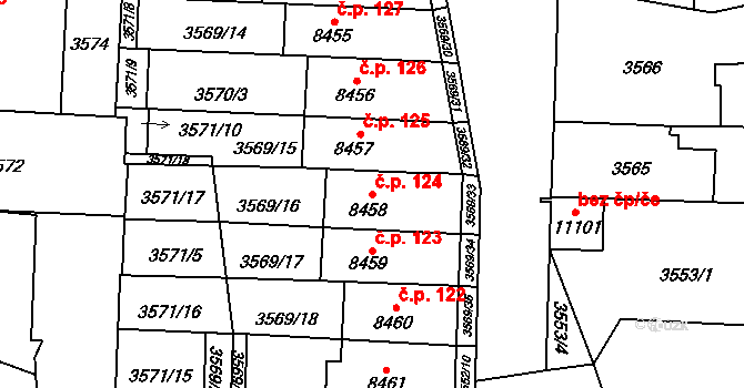 Cihelna 124, Pardubice na parcele st. 8458 v KÚ Pardubice, Katastrální mapa