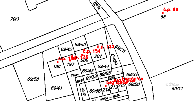 Horní Stakory 133, Kosmonosy na parcele st. 201 v KÚ Horní Stakory, Katastrální mapa