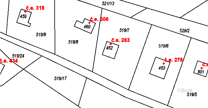 Sýkořice 283 na parcele st. 462 v KÚ Sýkořice, Katastrální mapa