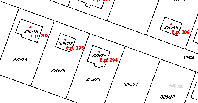 Hlušovice 294 na parcele st. 325/35 v KÚ Hlušovice, Katastrální mapa