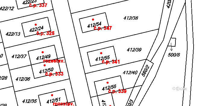 Lysolaje 341, Praha na parcele st. 412/55 v KÚ Lysolaje, Katastrální mapa