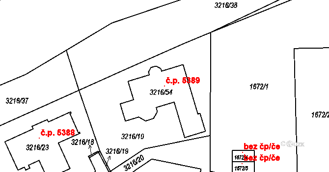Chomutov 5389 na parcele st. 3216/54 v KÚ Chomutov II, Katastrální mapa