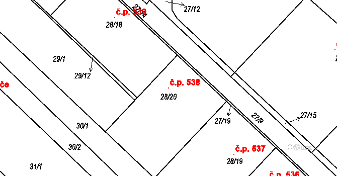 Rajhradice 538 na parcele st. 28/20 v KÚ Rajhradice, Katastrální mapa