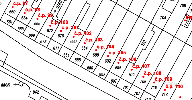Rychlov 104, Bystřice pod Hostýnem na parcele st. 688 v KÚ Rychlov u Bystřice pod Hostýnem, Katastrální mapa