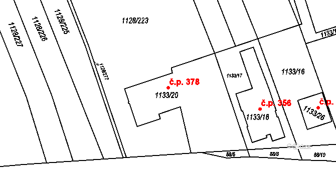Těšov 378, Uherský Brod na parcele st. 1133/20 v KÚ Těšov, Katastrální mapa