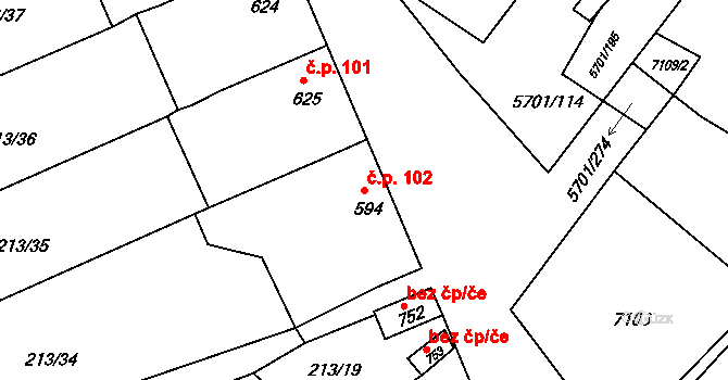 Hrádek 102 na parcele st. 594 v KÚ Hrádek u Znojma, Katastrální mapa
