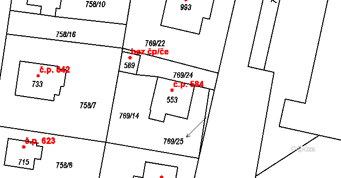 Lišov 584 na parcele st. 553 v KÚ Lišov, Katastrální mapa