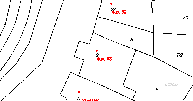 Rostěnice 58, Rostěnice-Zvonovice na parcele st. 6/1 v KÚ Rostěnice, Katastrální mapa